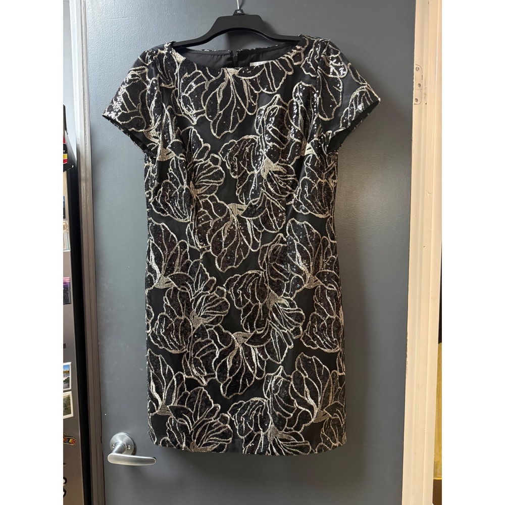 Tahari Sheath Dress Womens 10 Black Excellent Sequin Floral Metallic Cocktail